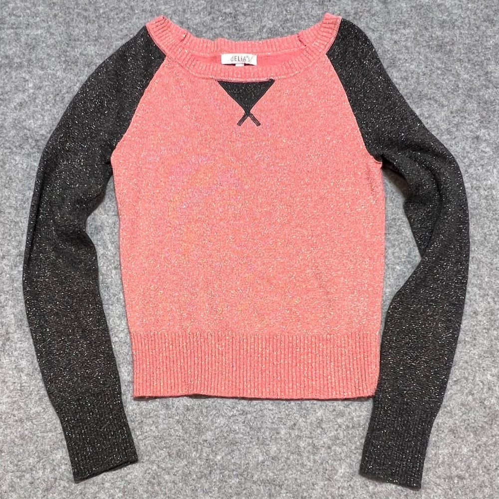 dELiAs Metallic Raglan Sweater Pink Grey Shimmer Knit‎ Retro Skater Y2K XS